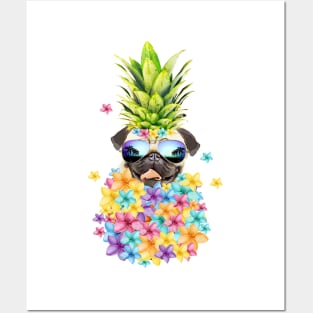 Pug and sunglasses, pineapple flowers, pug lovers, gift for pug lovers Posters and Art